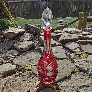 Natchtmann Bleikristall Crystal Germany Vintage Cranberry Cut Glass Decanter